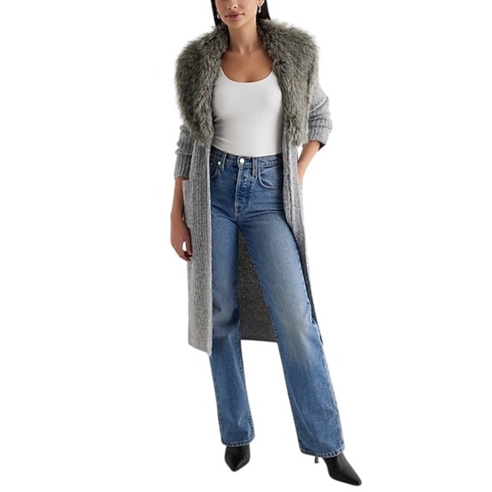 NWOT EXPRESS Fuzzy Knit Faux Fur Collar Duster Cardigan, Gray, Size Large